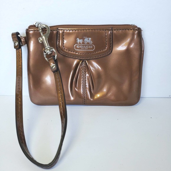 Coach Corner Wristlet Wallet Brown Clutch Zip Pouch Patent Leather Metalic Small - Picture 1 of 7